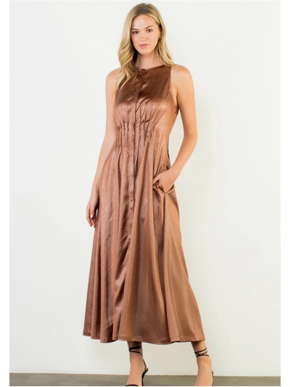 THML Chelsea Brown Bronze Faux Leather Pleated Sleeveless Maxi Dress M NWOT